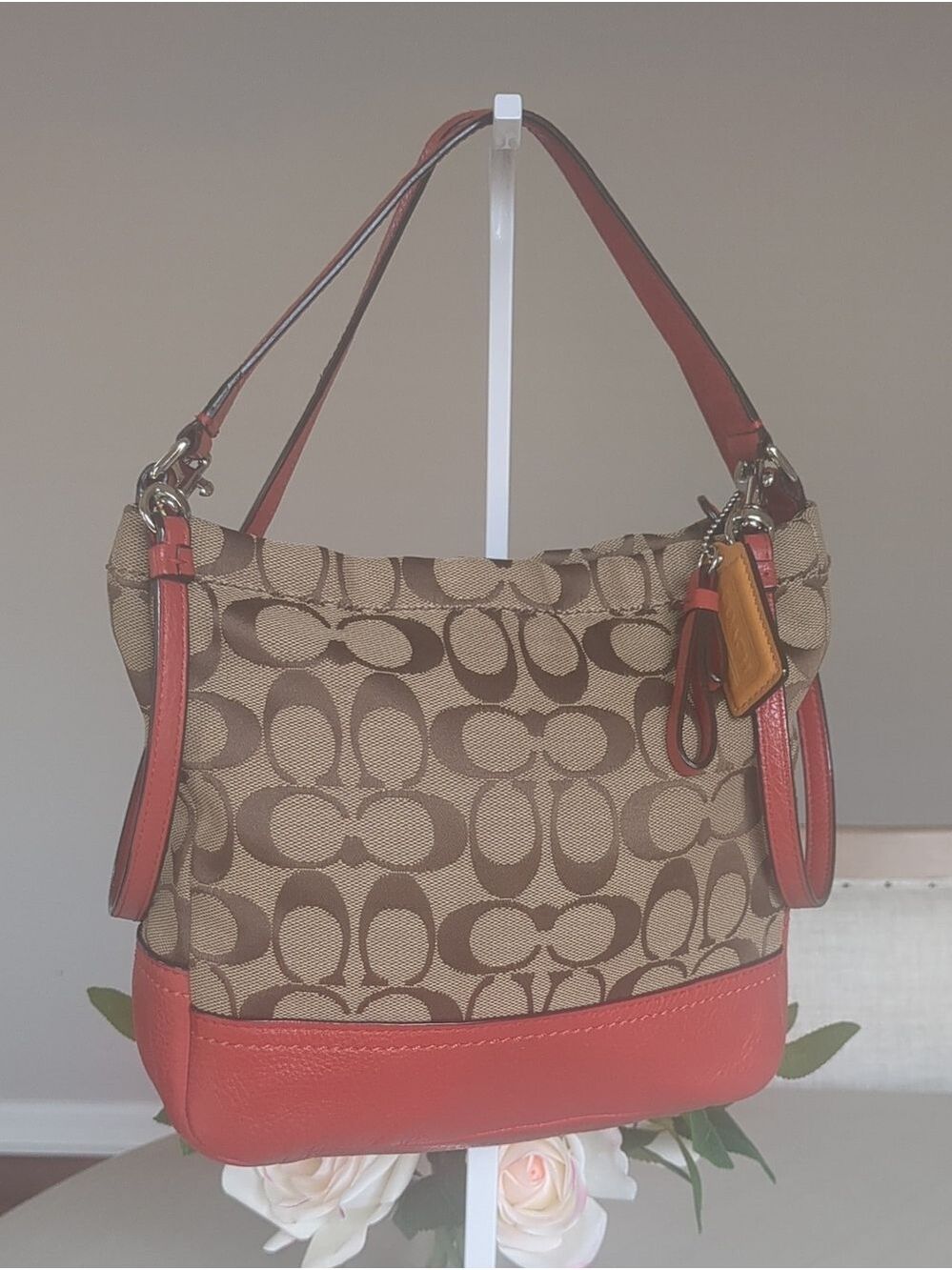 Coach Crossbody/Hand  Bag color brown  with red leather trim Small